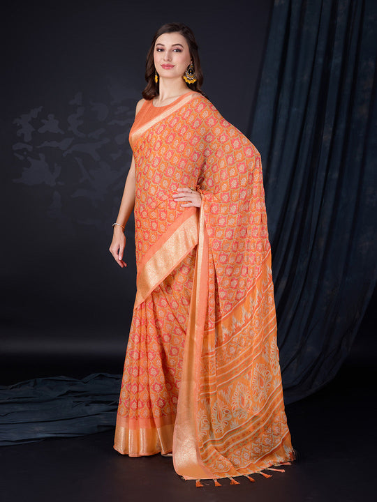 Orange Chiffon Saree With Blouse Piece