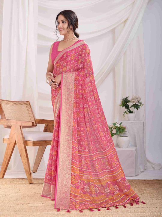 Onion Pink Pure Chiffon Viscose Border Block Printed Saree With Blouse Piece