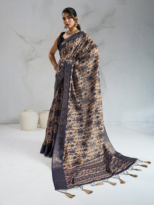 Poly Silk Woven Floral Digital Printed Saree With Woven Jacquard Border And Fancy Tassels