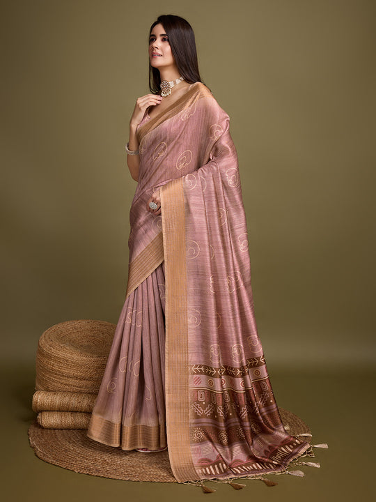 Peach Silk Blend Saree With Blouse Piece