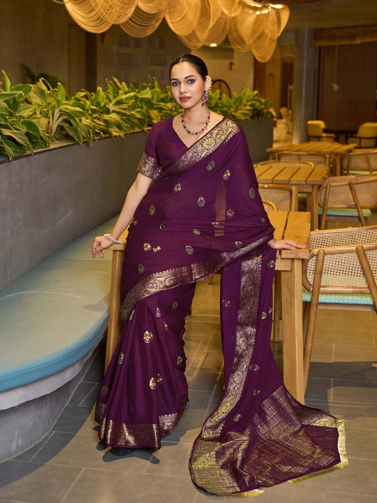Violet Chinon Soft Silk Saree With Blouse Piece
