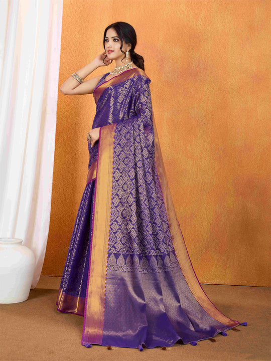 Purple Ikkat Woven Kajeevaram Silk Rich Pallu With Blouse Piece