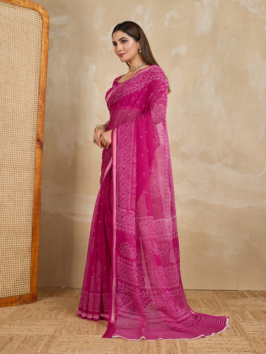 Pure Chiffon Bandhani Printed Saree With Viscose Woven Border And Blouse Piece