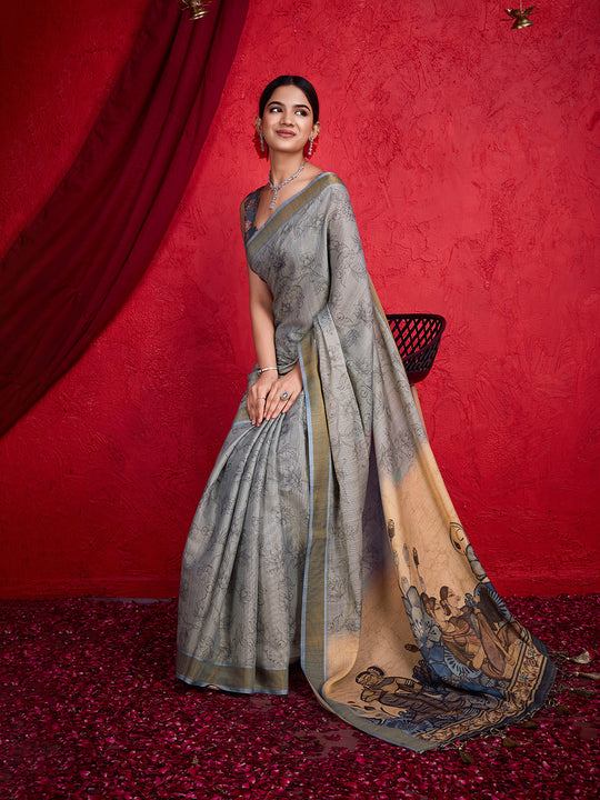 Grey Poly Silk Festival Saree With Blouse Piece