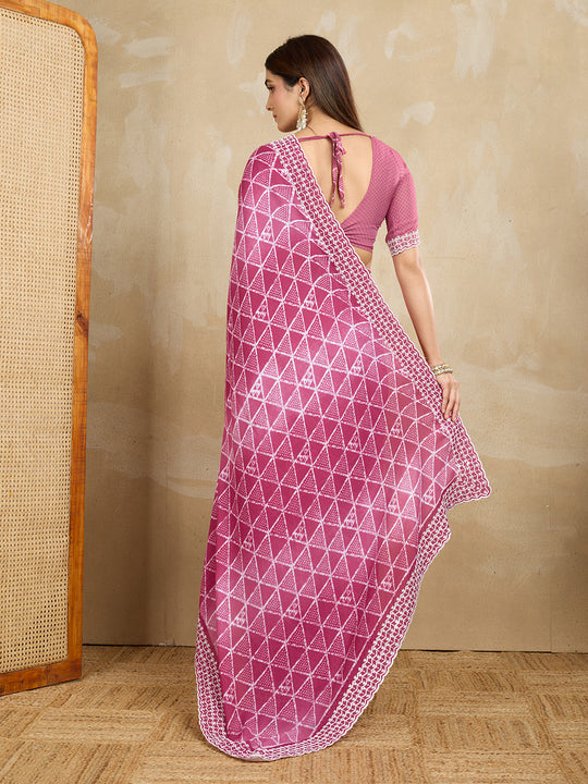 Poly Georgette Geometric Printed Saree With Embroidered Border And Blouse Piece