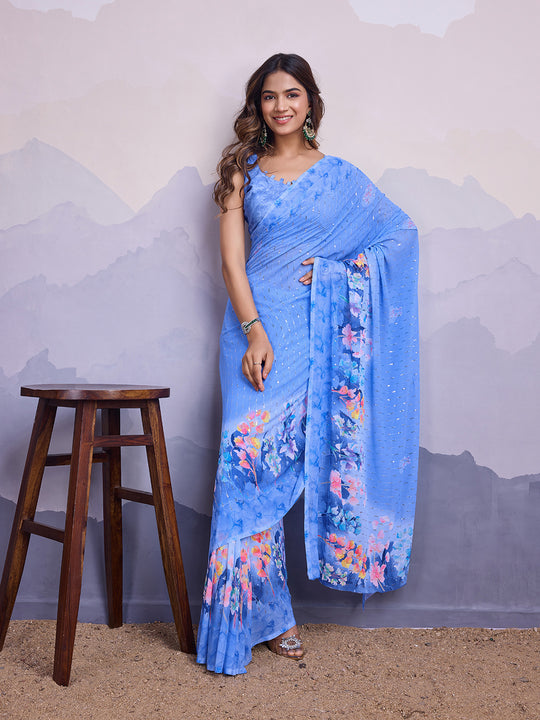 Blue Poly Chiffon Saree With Blouse Piece