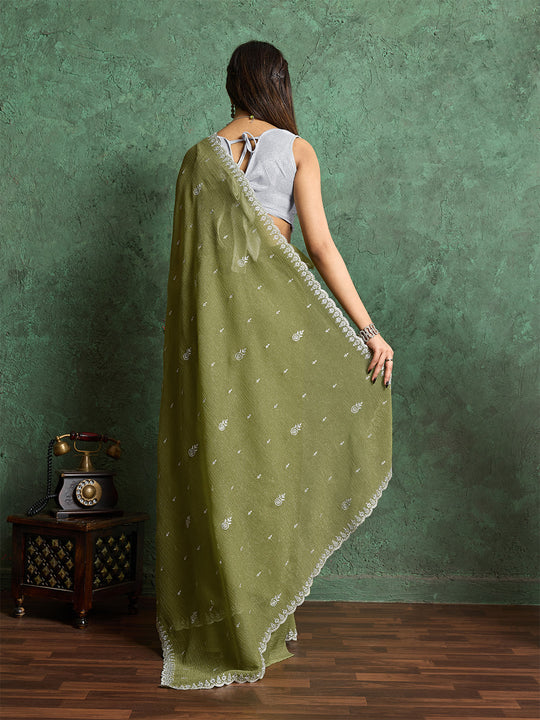 Pure Georgette Solid Embroidered Saree With Scalloping And Fancy Blouse