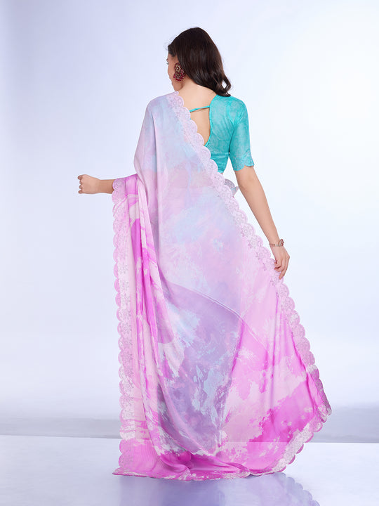 Pink Poly Chiffon Festival Saree With Blouse Piece