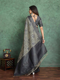 Grey Pure Handloom Tussar Woven Pallu Ajrakh Printed With Blouse Piece