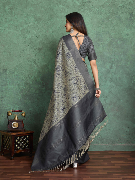 Grey Pure Handloom Tussar Woven Pallu Ajrakh Printed With Blouse Piece