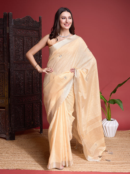 Cream Linen Blend Saree With Blouse Piece
