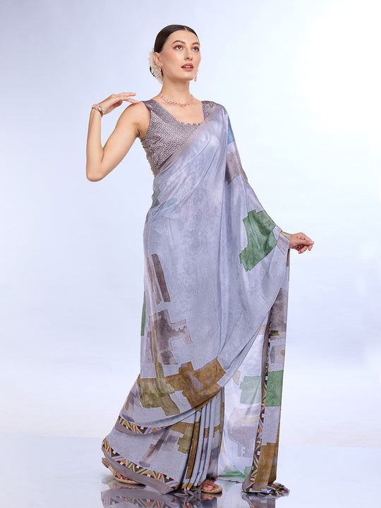 Lavender Satin Saree With Blouse Piece