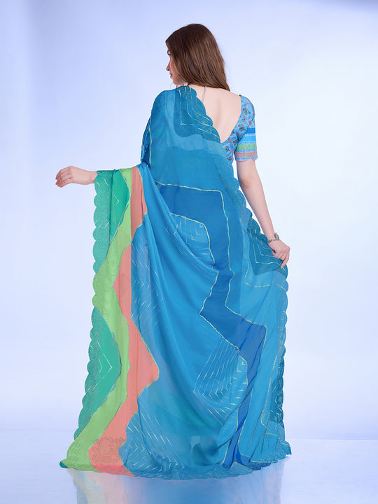 Teal Poly Chiffon Festival Saree With Blouse Piece