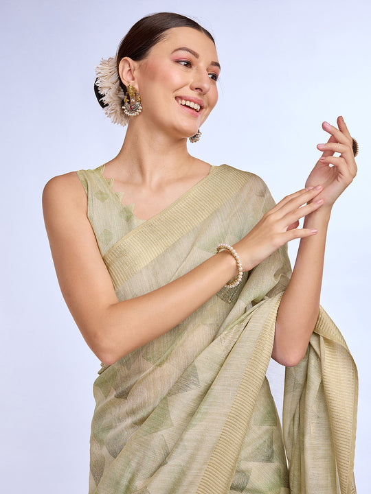 Green Tissue Linen Blend Saree With Blouse Piece