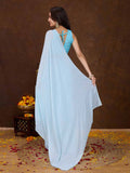 Blue Crepe Georgette Gold Foil Embellished Printed Saree With Blouse Piece