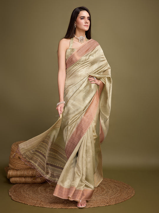 Gold Silk Blend Saree With Blouse Piece