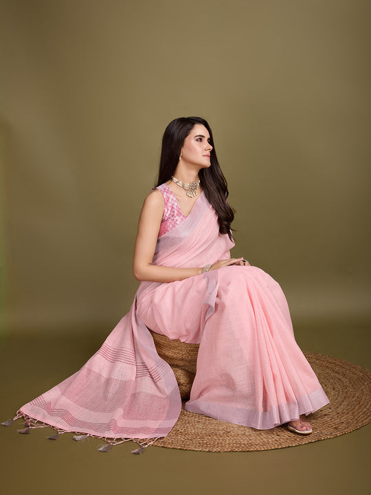 Peach Linen Blend Daily Wear Saree With Blouse Piece