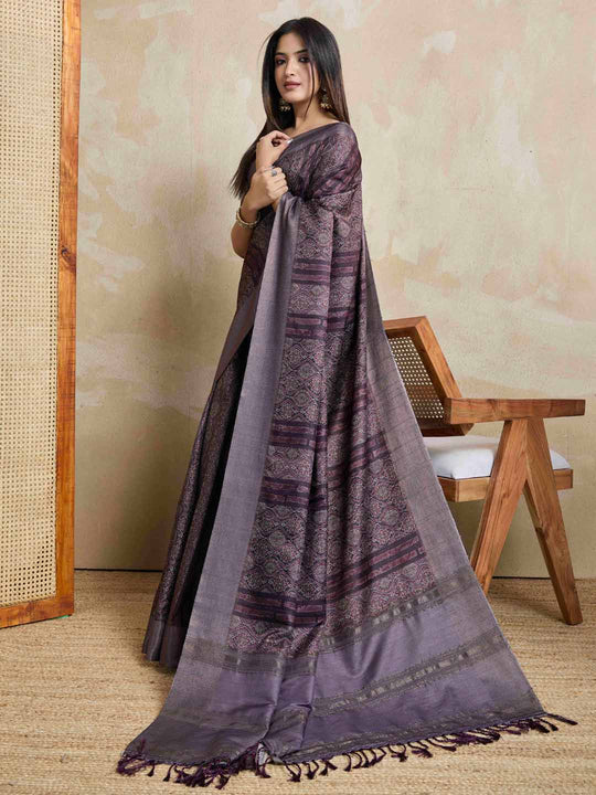 Wine Pure Handloom Tussar Woven Pallu Ajrakh Printed With Blouse Piece