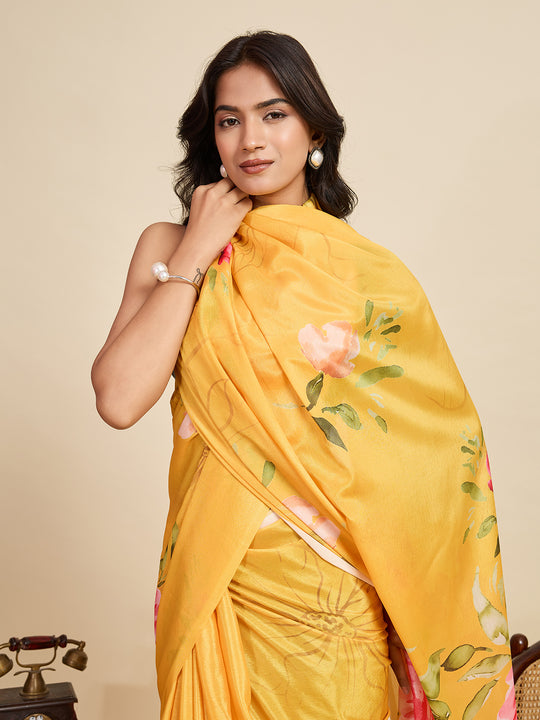 Yellow Chinon Saree All Over Single Colour Printed Saree With Blouse Piece