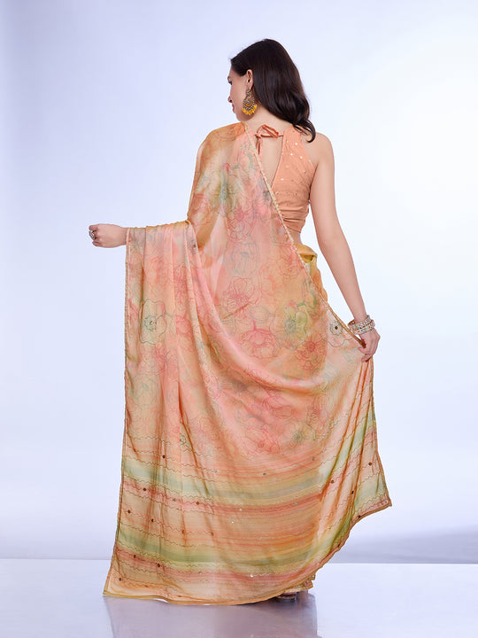 Gold Poly Chiffon Festive Wear Saree With Blouse Piecde