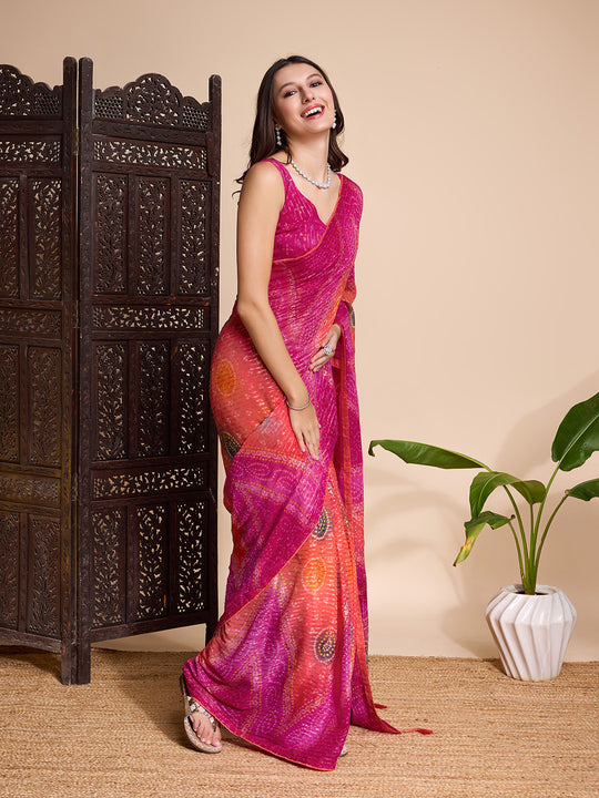 Pink Weightless Poly Chiffon Saree With Blouse Piece