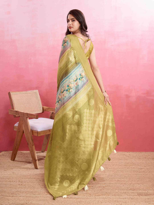 Olivegreen Cotton Banarasi Woven Rich Pallu Printed Saree With Blouse Piece