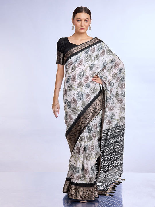 White & Black Dola Silk Saree With Blouse Piece