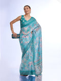 Teal Linen Blend Saree With Blouse Piece