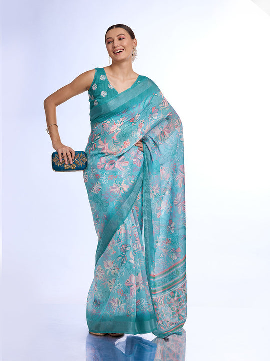 Teal Linen Blend Saree With Blouse Piece