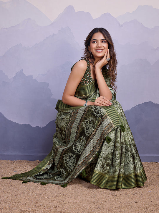 Mehndi Poly Silk Festival Saree With Blouse Piece