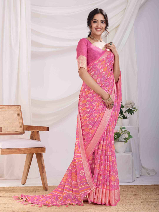 Pink Pure Chiffon Viscose Border Block Printed Saree With Blouse Piece
