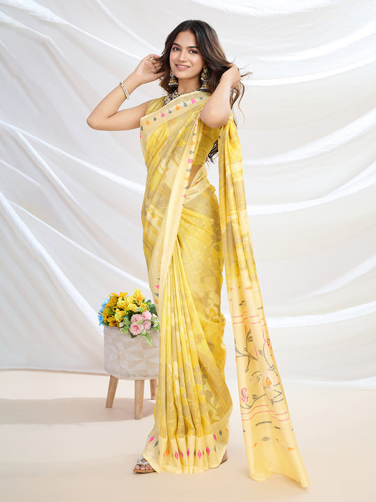 Yellow Handloom Silk Festive Wear Saree With Blouse Piece