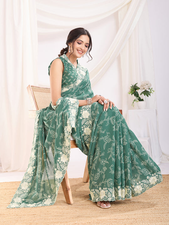 Sea Green Poly Georgette Festive Wear Saree With Blouse Piece