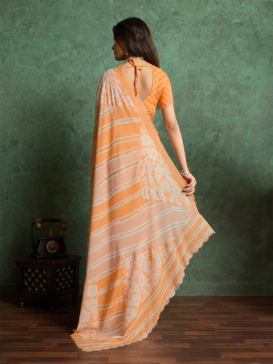 Poly Chiffon Leheriya Printed Saree With A Floral Touch And Swaroski Work With Scalloping