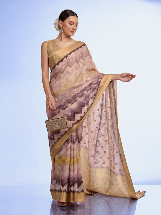 Cream Cotton Blend Saree With Blouse Piece
