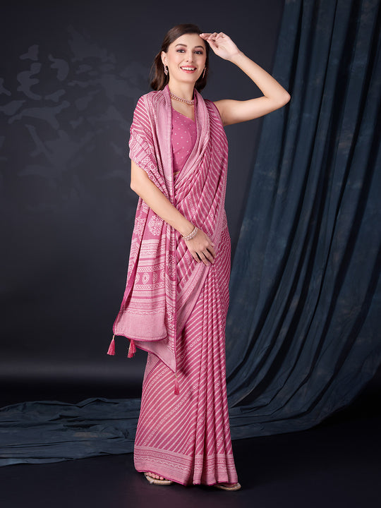 Pink Poly Georgette Saree With Blouse Piece