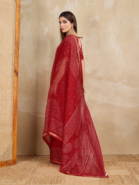 Pure Chiffon Bandhani Printed Saree With Viscose Woven Border And Blouse Piece