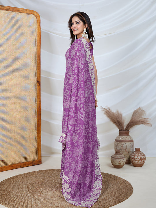 Poly Georgette Geometric Print Saree With Embroidery And Scaloping Work With Unstitched Blouse Piece