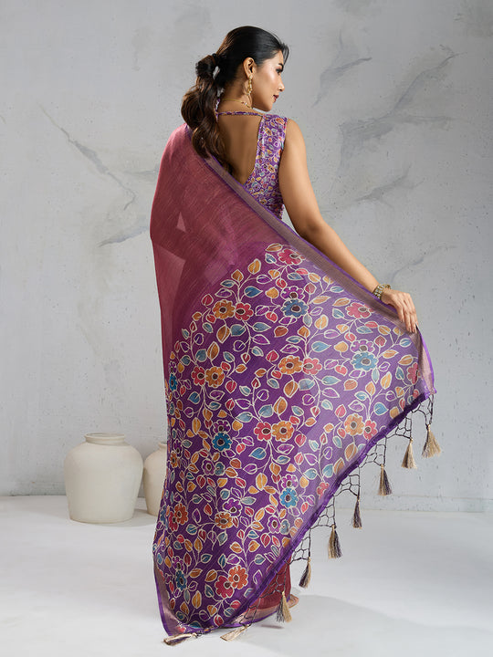 Pure Chiffon Digital Printed Woven Saree With Woven Border And Fancy Tassels