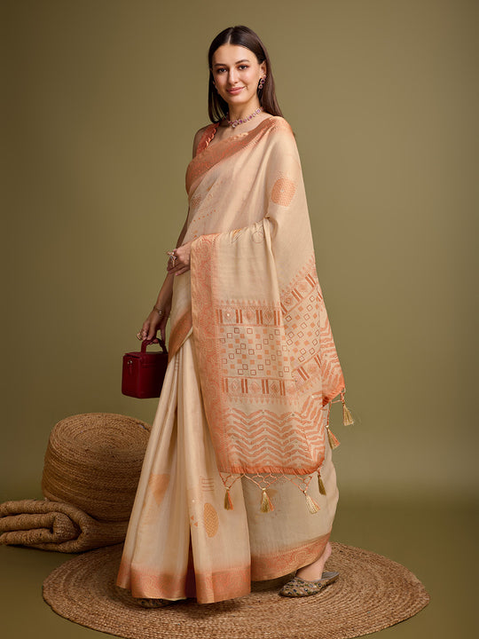 Orange Silk Blend Saree With Blouse Piece