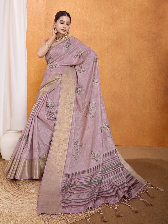 Peach Silk Blend Saree With Blouse Piece