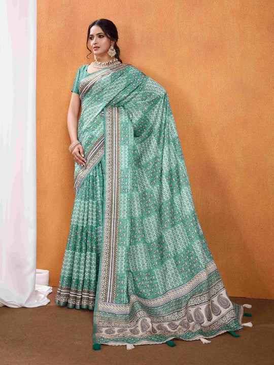 Seagreen Pure Tussar Silk Ajrakh Block Printed With Blouse Piece