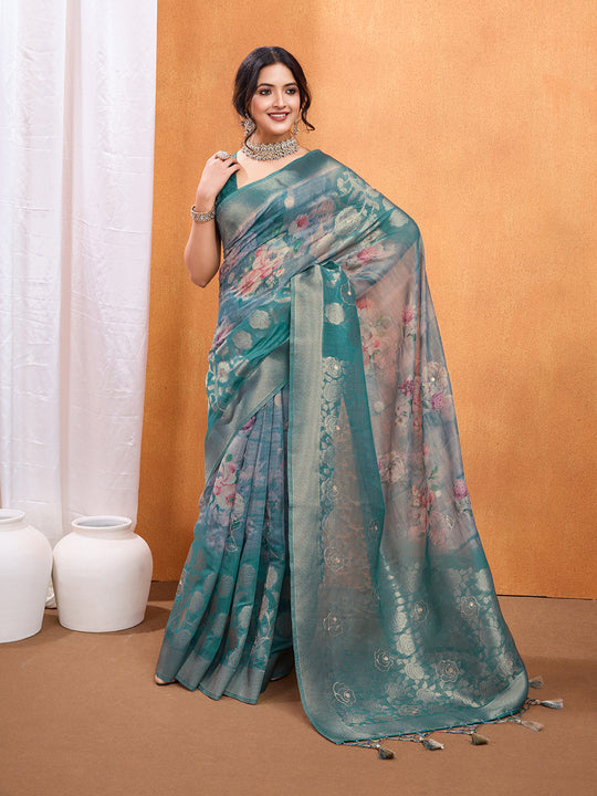 Teal Cotton Blend Saree With Blouse Piece