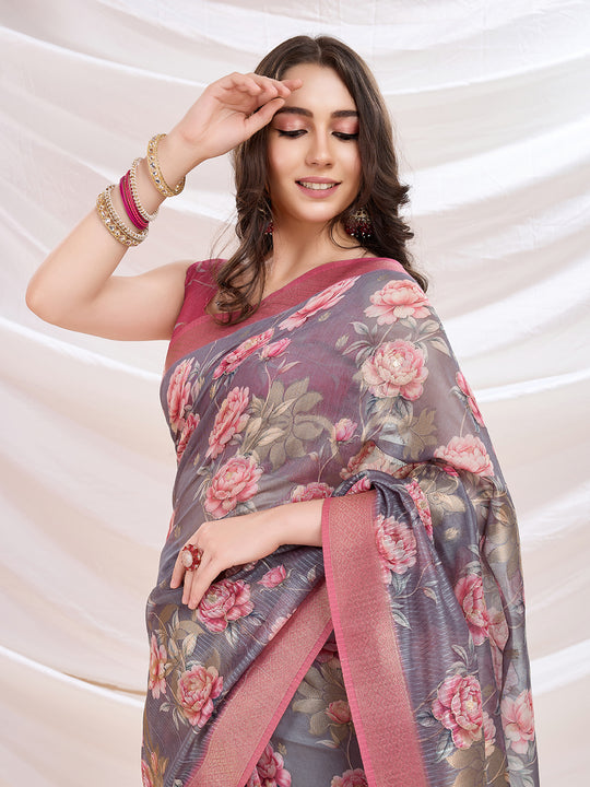 Purple Banarasi Cotton Festive Wear Saree With Blouse Piece