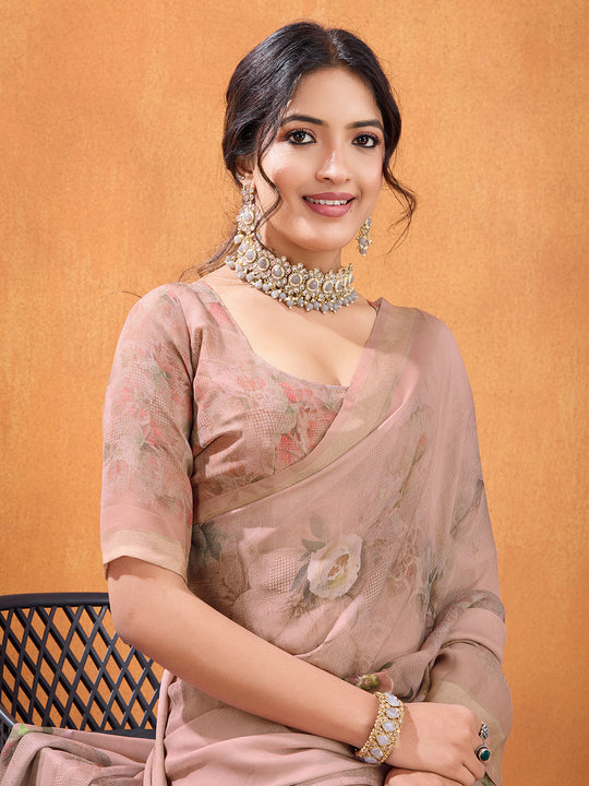 Peach Poly Crepe Party Wear Saree With Blouse Piece