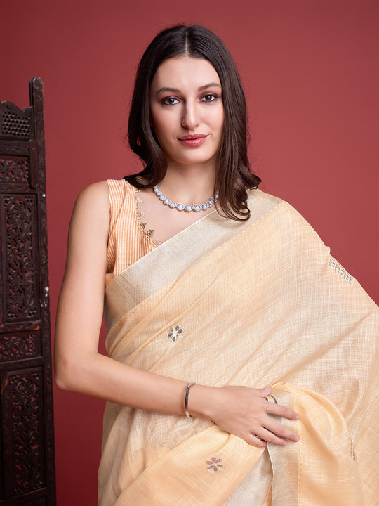 Cream Linen Blend Saree With Blouse Piece