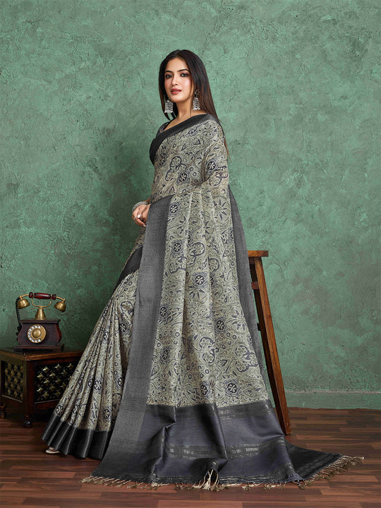 Grey Pure Handloom Tussar Woven Pallu Ajrakh Printed With Blouse Piece