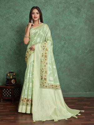 Mintgreen Pure Cotton Lucknowi Woven Printed Saree With Tassels Saree With Blouse Piece