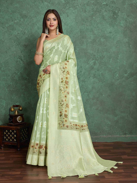 Mintgreen Pure Cotton Lucknowi Woven Printed Saree With Tassels Saree With Blouse Piece
