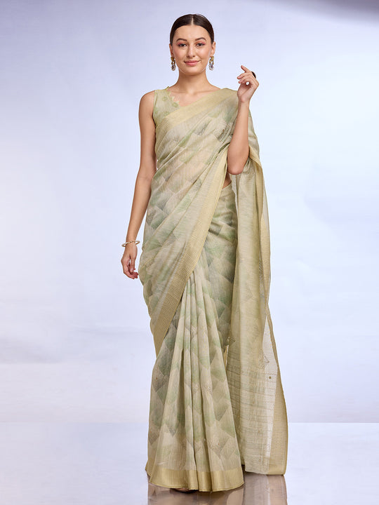 Green Tissue Linen Blend Saree With Blouse Piece